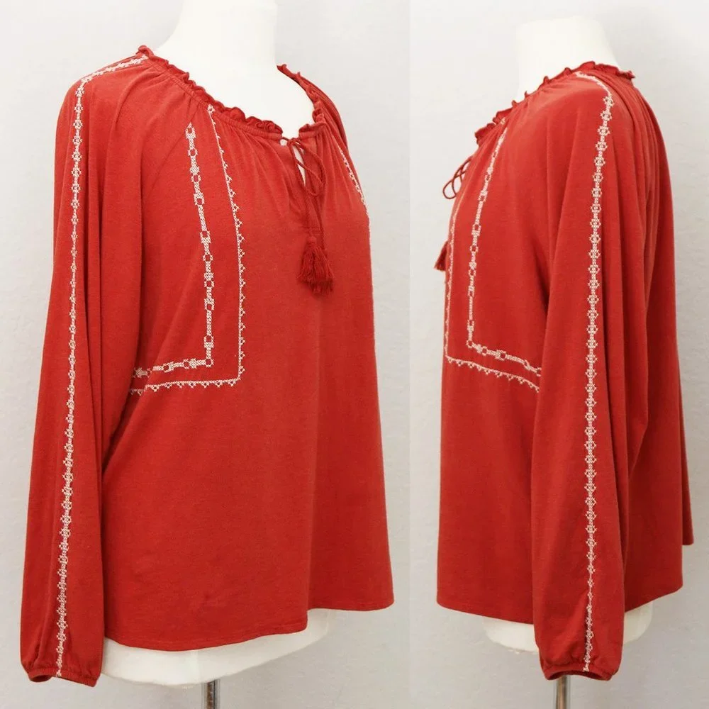 Garnet Hill Organic Cotton Tencel Blend Cross Stitch Embroidered Peasant Top M - Picture 8 of 14